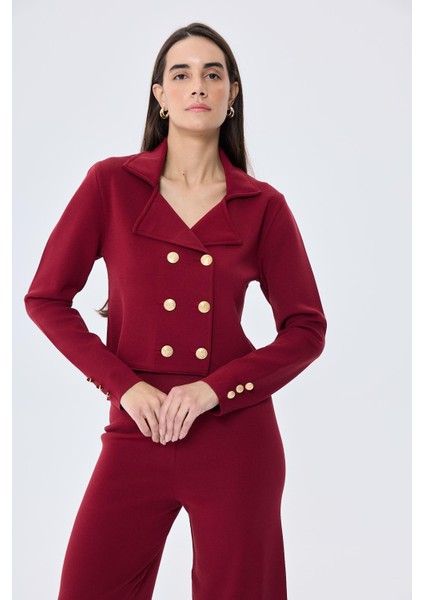Styleboom x Peraluna Kathy Blazer Çelik Örgü Crop Kruvaze Blazer Kadın Triko Ceket - Bordo