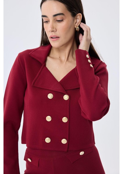 Styleboom x Peraluna Kathy Blazer Çelik Örgü Crop Kruvaze Blazer Kadın Triko Ceket - Bordo