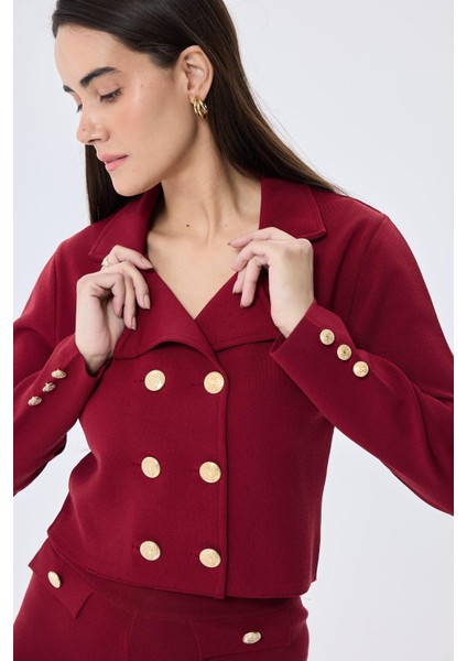 Styleboom x Peraluna Kathy Blazer Çelik Örgü Crop Kruvaze Blazer Kadın Triko Ceket - Bordo