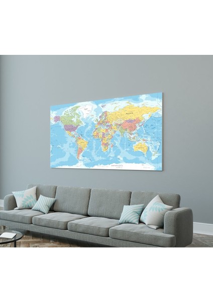 Tek Parça Detaylı Kanvas Dünya Haritası - Coğrafya Öğrenme Aracı - Mavi Temalı 90X55CM