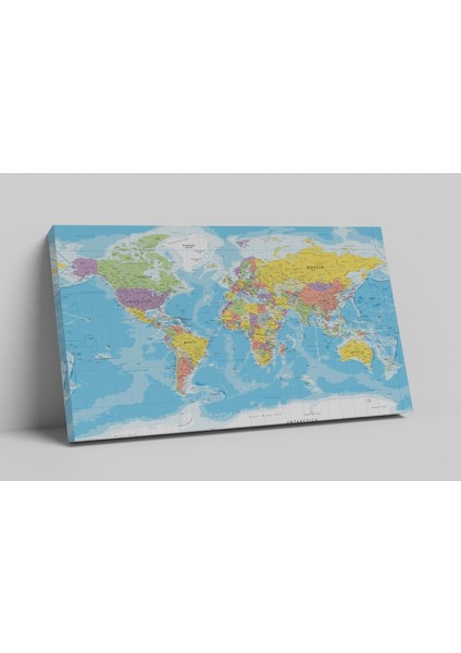 Tek Parça Detaylı Kanvas Dünya Haritası - Coğrafya Öğrenme Aracı - Mavi Temalı 90X55CM fiyatları