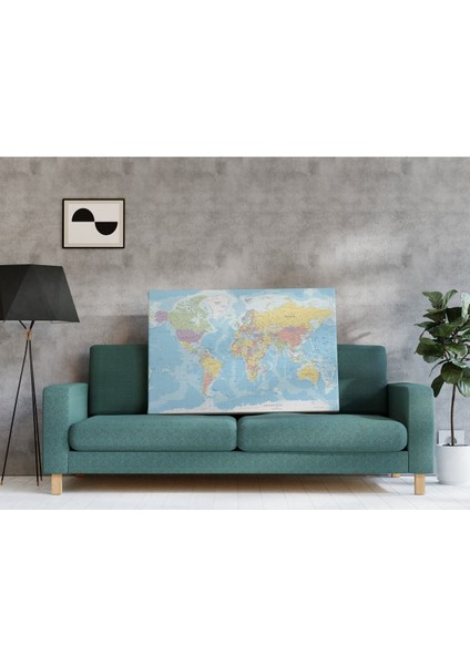 Tek Parça Detaylı Kanvas Dünya Haritası - Coğrafya Öğrenme Aracı - Mavi Temalı 90X55CM modelleri