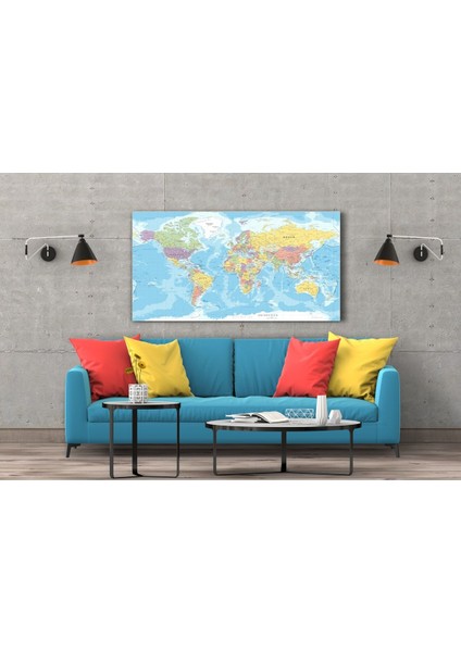 Tek Parça Detaylı Kanvas Dünya Haritası - Coğrafya Öğrenme Aracı - Mavi Temalı 90X55CM fırsatları