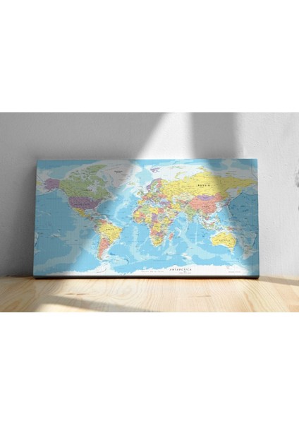 Tek Parça Detaylı Kanvas Dünya Haritası - Coğrafya Öğrenme Aracı - Mavi Temalı 90X55CM indirimleri