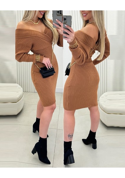 Munn Collection Kadın Uzun Kollu Omuzlardan Açık Kruvaze Yaka Kısa Triko Elbise
