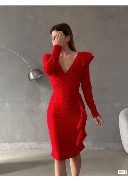 Munn Collection Kadın Kruvaze Yaka Volan Detay Midi Boy Fırsat Ürün Elbise fiyatları