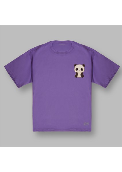 Panda Figürlü Oversize Mor Tişört
