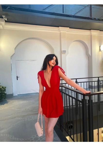 Munn Collection Omuzu Ip Askılı Şortlu Elbise - Kırmızı