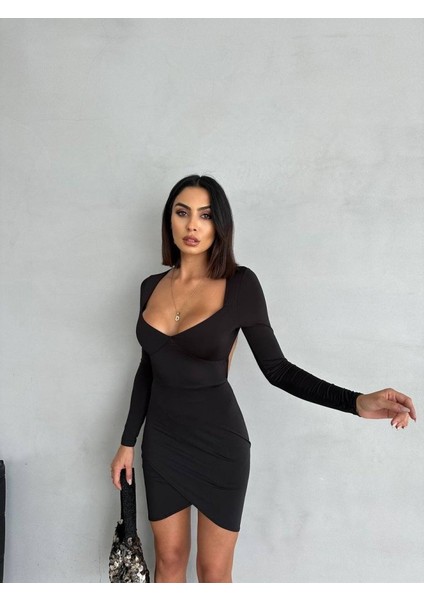Munn Collection Kadın Uzun Kollu Göğüs ve Sırt Dekolteli Kruvaze Etek Detay Fırsat Ürün Mini Elbise