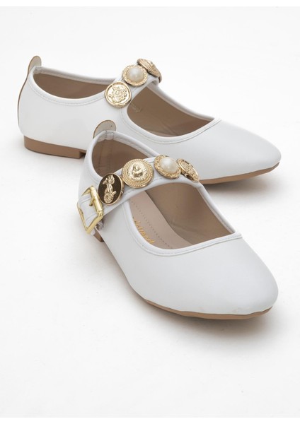 Kadın Kemerli Armalı Tek Biyeli Küt Burunlu Babet Beyaz