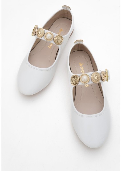 Kadın Kemerli Armalı Tek Biyeli Küt Burunlu Babet Beyaz indirimleri