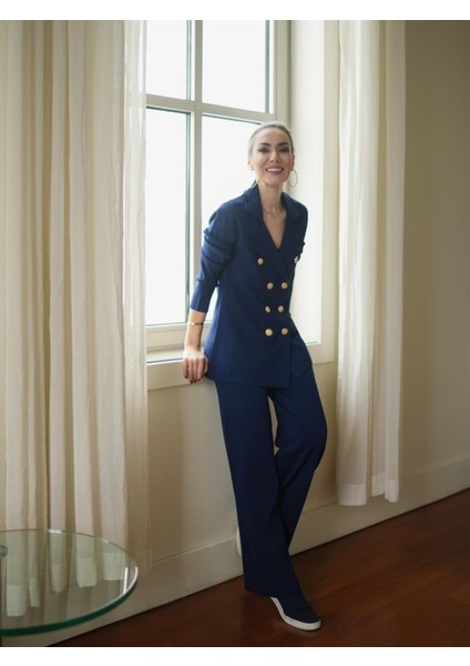 Styleboom x Peraluna Katherıne Blazer Çelik Örgü Klasik Kesim Düğmeli Blazer Kadın Triko Ceket - Lacivert