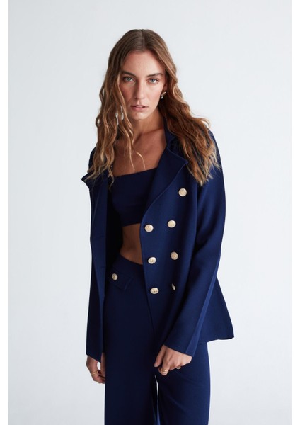 Styleboom x Peraluna Katherıne Blazer Çelik Örgü Klasik Kesim Düğmeli Blazer Kadın Triko Ceket - Lacivert