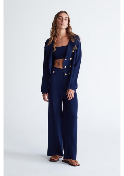 Styleboom x Peraluna Katherıne Blazer Çelik Örgü Klasik Kesim Düğmeli Blazer Kadın Triko Ceket - Lacivert