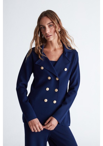 Styleboom x Peraluna Katherıne Blazer Çelik Örgü Klasik Kesim Düğmeli Blazer Kadın Triko Ceket - Lacivert