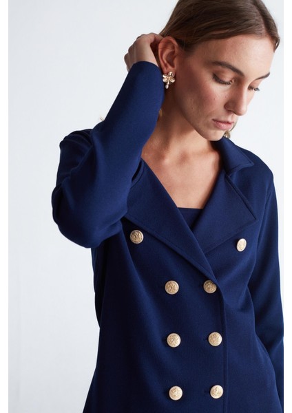 Styleboom x Peraluna Katherıne Blazer Çelik Örgü Klasik Kesim Düğmeli Blazer Kadın Triko Ceket - Lacivert