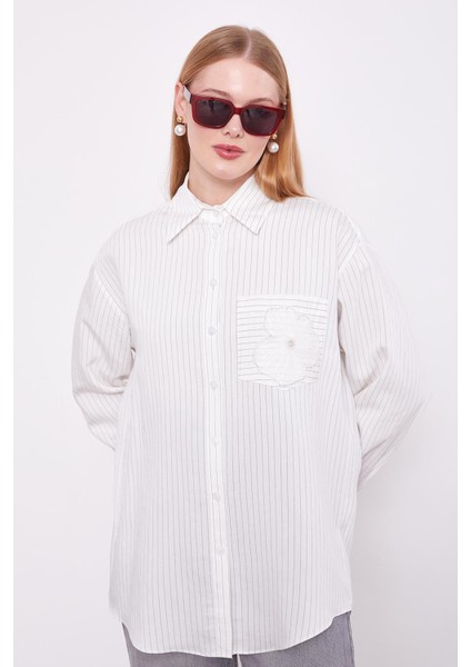 Ekru Cebi Çiçek Işleme Detaylı Gömlek