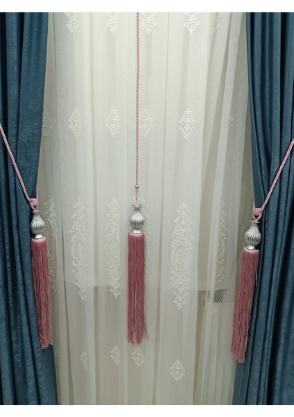 Fon Perde Tavan Bağlama Püsküllü Braçol Set - Gümüş Kuka ( 3 Parça )