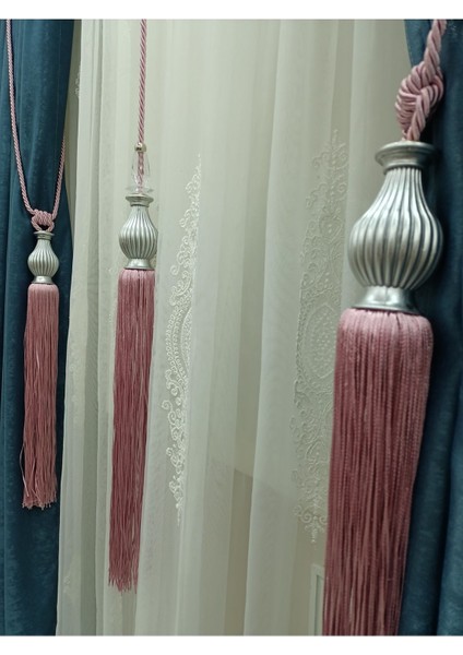 Fon Perde Tavan Bağlama Püsküllü Braçol Set - Gümüş Kuka ( 3 Parça ) fiyatları