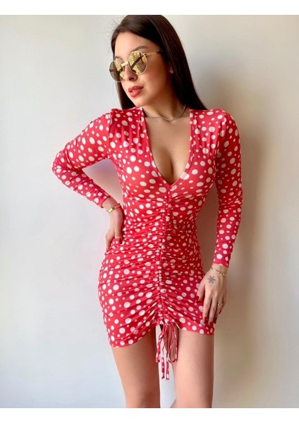 Munn Collection Kadın V Yaka Önü Asansör Büzgü Detay Fırsat Ürün Puantiyeli Mini Elbise