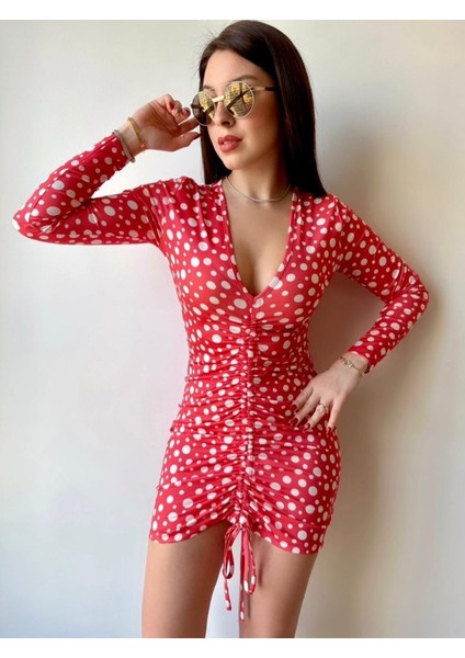 Munn Collection Kadın V Yaka Önü Asansör Büzgü Detay Fırsat Ürün Puantiyeli Mini Elbise modelleri