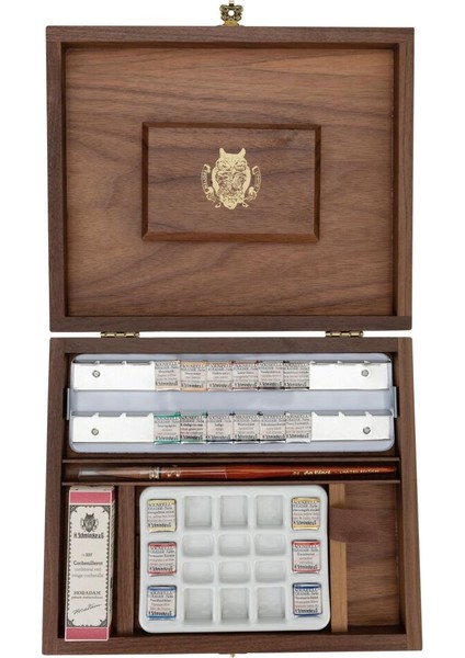 Horadam Aquarell Taş Tablet Sulu Boya Seti Özel Üretim Retro Yarım Tablet 18 Renk Ahşap Kutu
