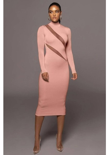 Munn Collection Kadın Balıkçı Yaka Uzun Kollu Asimetrik Tül Dekolteli Dırsat Ürün Midi Boy Elbise