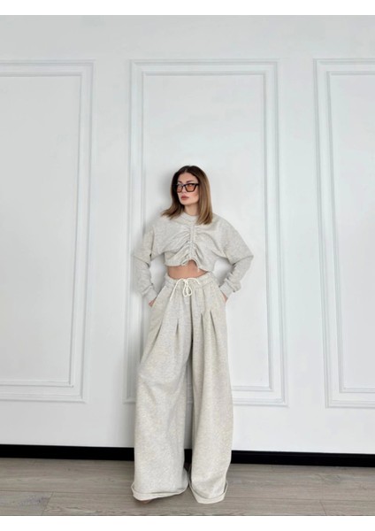 Munn Collection Uzun Kollu Önü Ip Büzgülü Crop ve Pantolon Ikili Takım - Gri