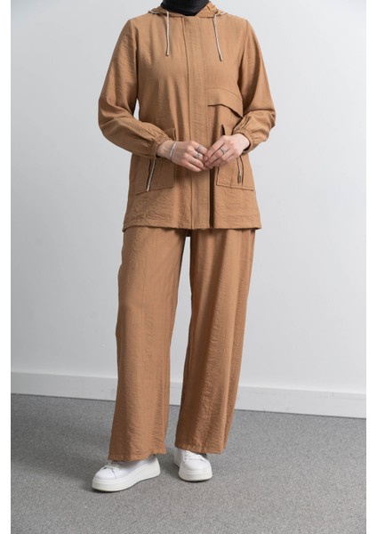 Cep Detaylı Pantolonlu Takım - Tütün modelleri