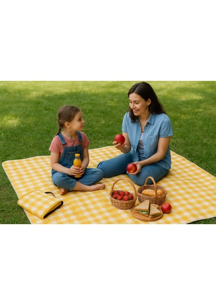 Kendinden Çantalı Sarı Ekose Piknik Örtüsü 150X150 cm Taşınabilir Cırtlı Piknik Matı, Taşıma Kordonlu, Ince Katlanabilir Örtü