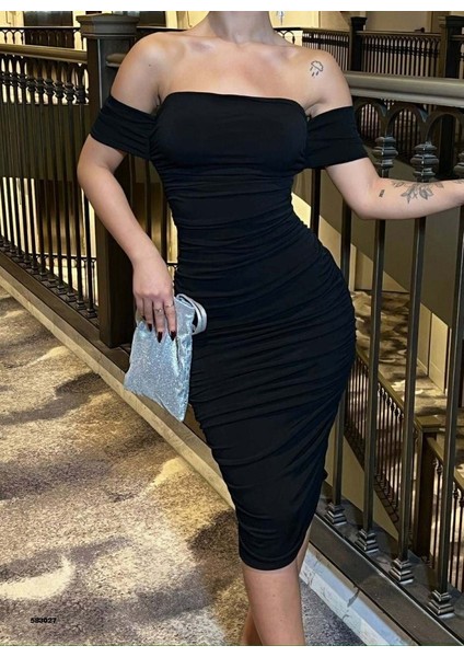 Munn Collection Kadın Madonna Yaka Sandy Kumaş Büzgü Detay Midi Boy Elbise