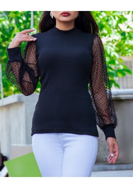 Munn Collection Kadın Siyah Kolu Tül Detaylı Yarım Balıkçı Kaşkorse Bluz fırsatları