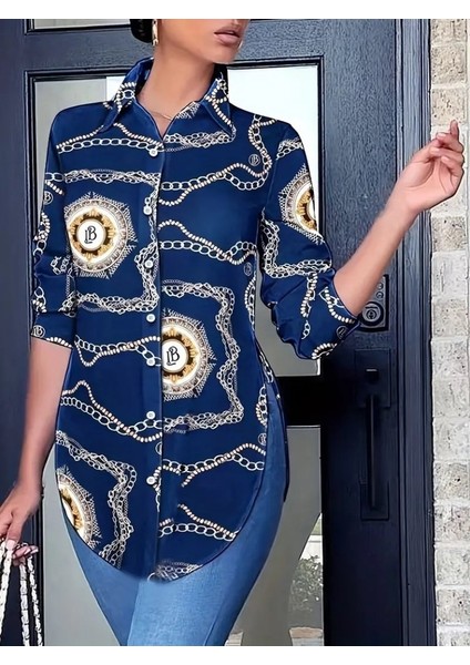 Munn Collection Kadın Uzun Kollu Yanları Yırtmaç Detay Desenli Gömlek