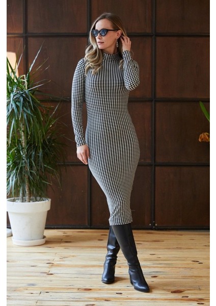 Munn Collection Kadın Kazayağı Desen Süet Kumaş Fırsat Ürün Midi Boy Elbise fiyatları