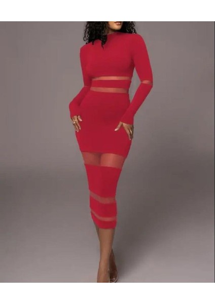 Munn Collection Kadın Şerit Transparan Detay Fırsat Ürün Midi Boy Elbise modelleri