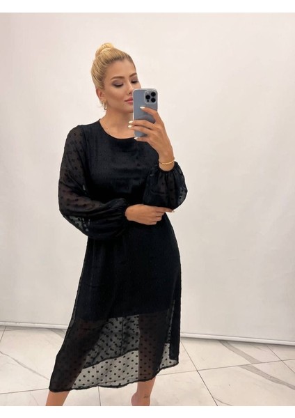 Munn Collection Kadın Uzun Kollu Astar Detay Fırsat Ürün Ponpon Şifon Elbise fiyatları