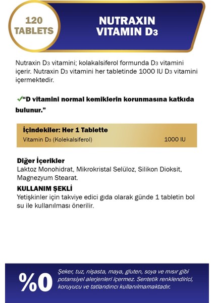 D3 Vitamini 120 Tablet - D3 1000 Iu
