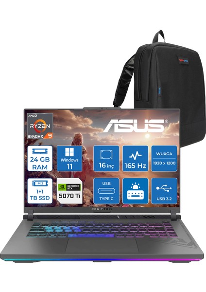 Rog Strix G16 G614PR-RV050 Amd Ryzen 9 8940HX Aı 24 GB GB 1tb SSD +1tb SSD 12 GB/RTX5070Tİ Gddr7 140W 16" Wuxga 165Hz 300NİTS Windows 11 Home Taşınabilir Bilgisayar WRV050H04+ZETTAÇANTA