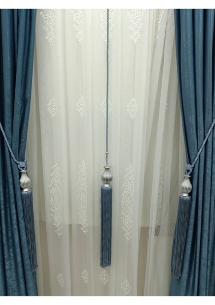 Fon Perde Tavan Bağlama Püsküllü Braçol Set - Gümüş Kuka ( 3 Parça )