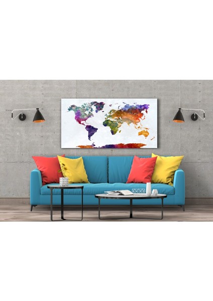 Sulu Boya Desenli Kanvas Renkli Dünya Haritası Tablo - Yüksek Kalite – Tek Parça – Şık ve Kolay Montaj 55X90CM