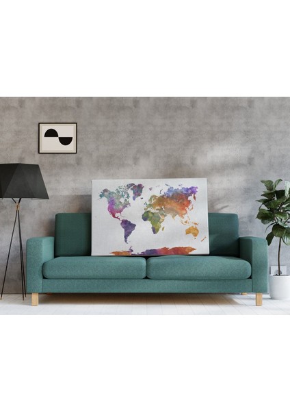 Sulu Boya Desenli Kanvas Renkli Dünya Haritası Tablo - Yüksek Kalite – Tek Parça – Şık ve Kolay Montaj 55X90CM