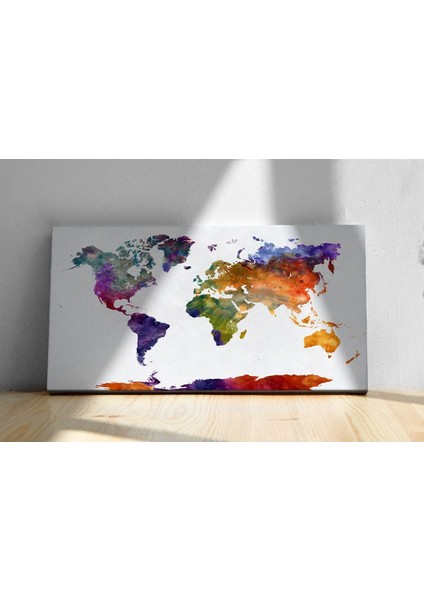 Sulu Boya Desenli Kanvas Renkli Dünya Haritası Tablo - Yüksek Kalite – Tek Parça – Şık ve Kolay Montaj 55X90CM