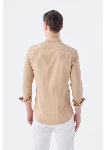 Bej Slim Fit Yaka Düğmeli Gömlek fırsatları