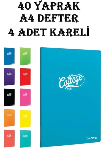 College Defter A4 Okul Defteri 40 Yaprak 4 Adet Kareli Pp Kapak Defter Seti