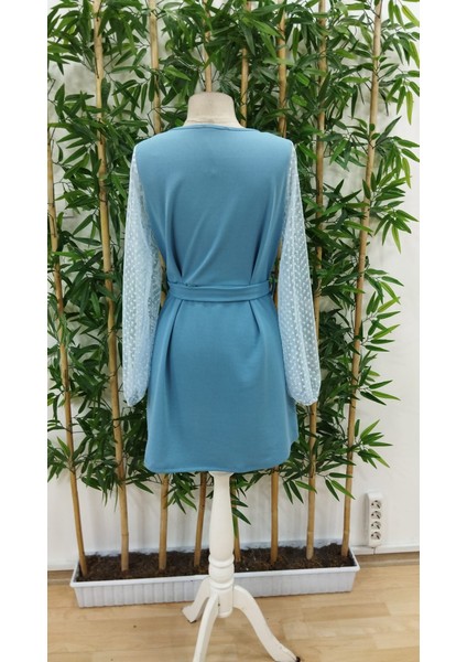 Munn Collection Kadın Uzun Kollu Yakadan Bağcıklı Belden Kuşaklı Ithal Krep Elbise indirimleri