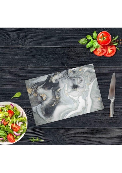 30X40 cm Cam Kesme Tahtası Gri Altın Mermer