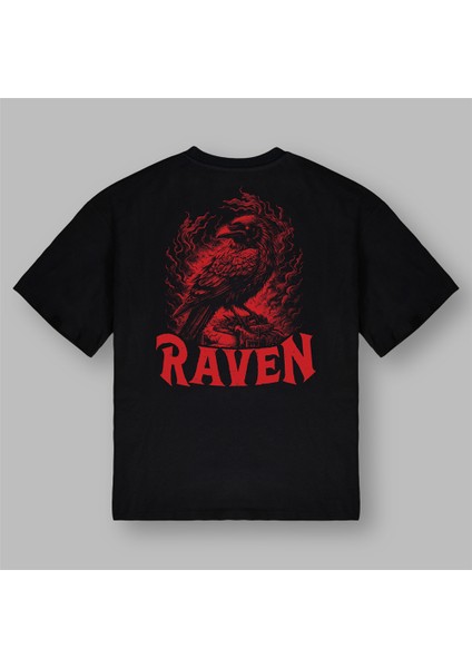 Kırmızı Kuzgun Raven Baskılı Siyah Tişört