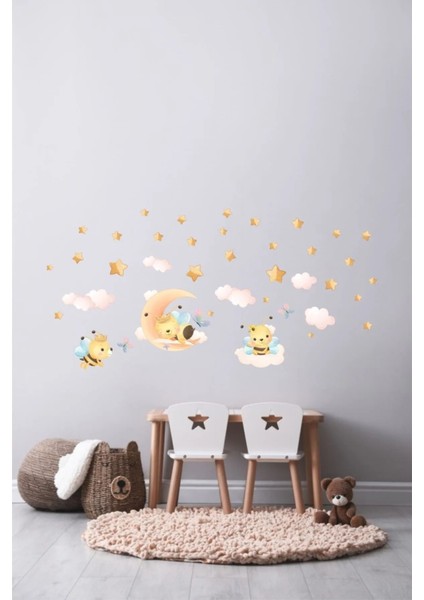 3'lü Arılar Bulutlar ve Yıldızlar Çocuk Bebek Odası Cam Duvar Sticker