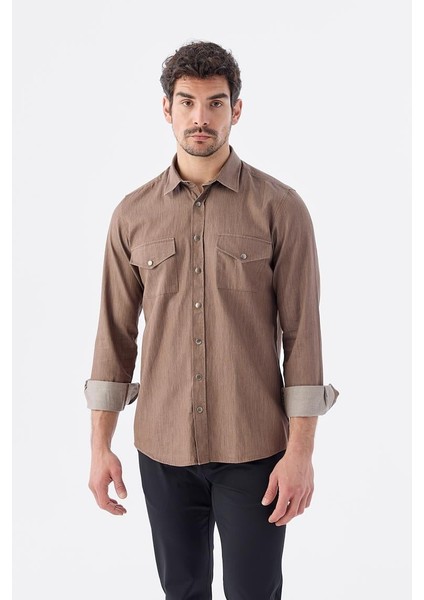 Kahve Comfort Fit Cepli Çıtçıtlı Pamuk Kot Gömlek