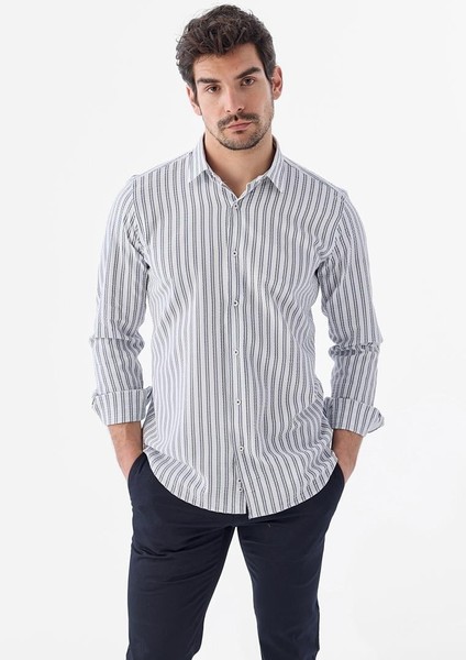 Koyu Lacivert Comfort Fit Desenli Esnek Kumaş Pamuklu Spor Gömlek